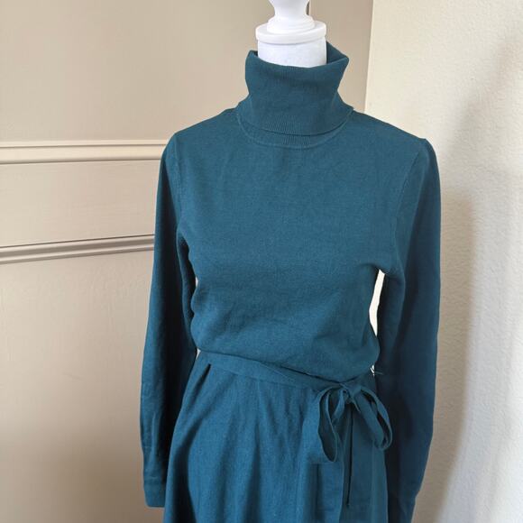 Vince Camuto Teal Turtleneck Long Sleeve Sweater Dress Tie Waist Size L - Picture 2 of 5